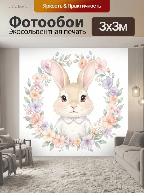 Фотообои Зайчик в цветочном венке