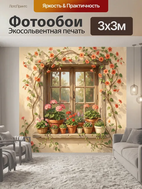 Фотообои Окно с цветущей лианой