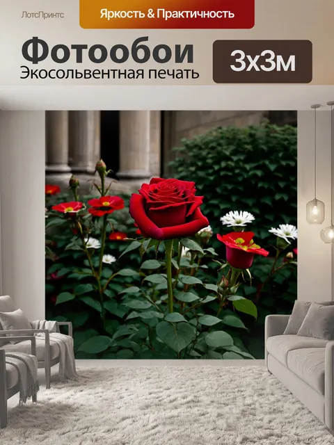 Фотообои роза в тёмно-зелёном саду с яркими красными и белыми цветами