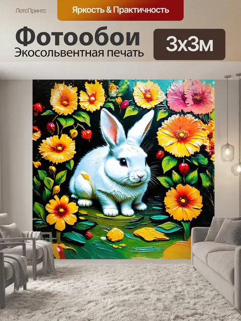 Фотообои белый кролик, окруженный яркими цветами и зелеными листьями, выполненный в технике импасто с толстыми…