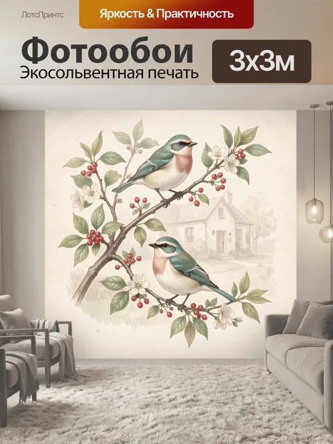 Фотообои Две птицы на цветущей ветке