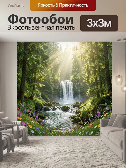 Фотообои Лесной водопад среди елей