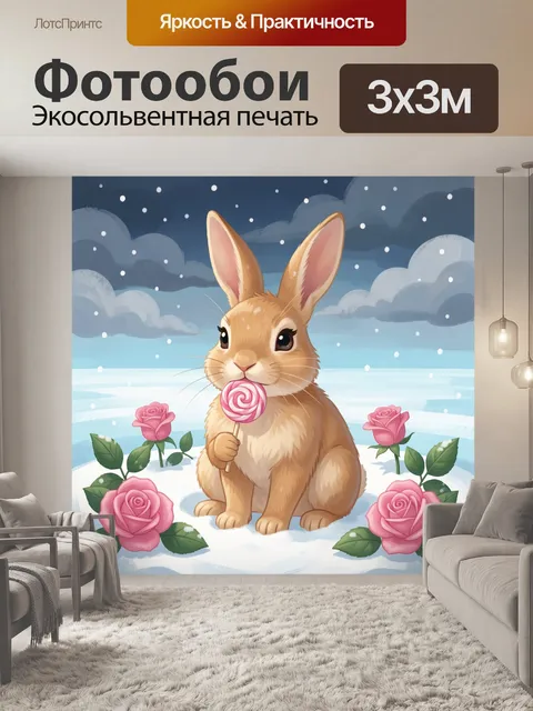 Фотообои Зайчонок с леденцом и розами