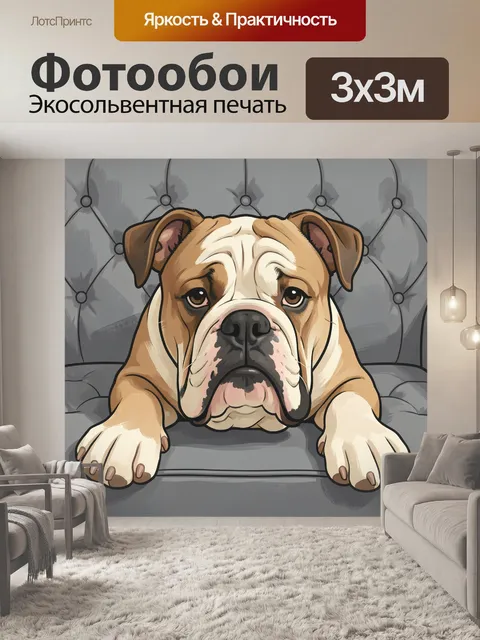 Фотообои Грустный бульдог на сером диване