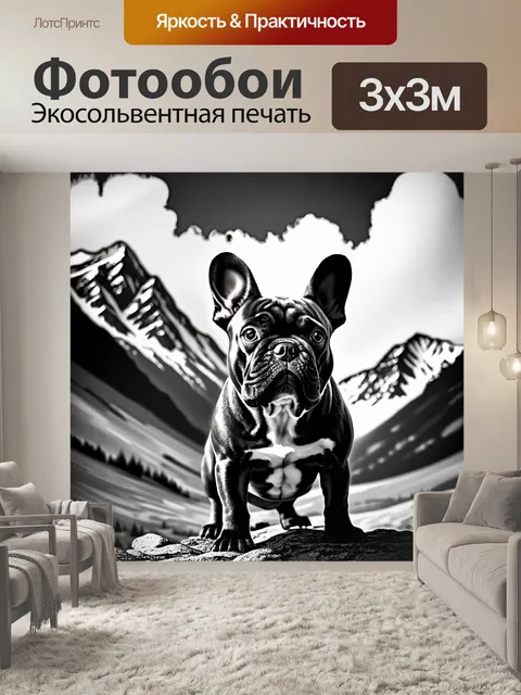 Фотообои изображение французского бульдога на фоне горных пейзажей, облака и снег на вершинах