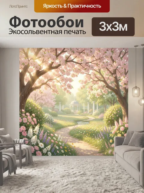 Фотообои Весенний сад с беседкой