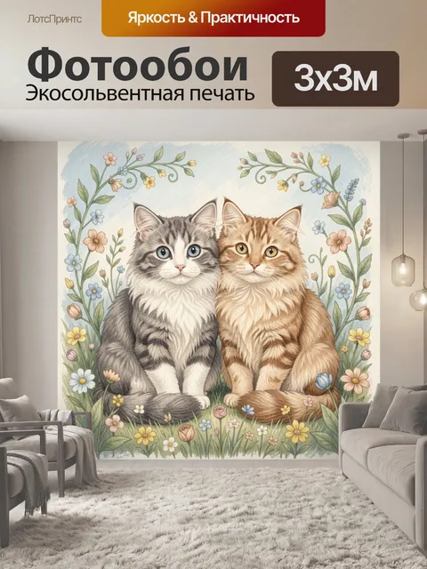 Фотообои Два пушистых котенка в цветах