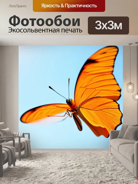 Фотообои оранжевый цвет, показывают оранжевые крылья бабочек, которые распускаются на фоне светло-голубого неба…