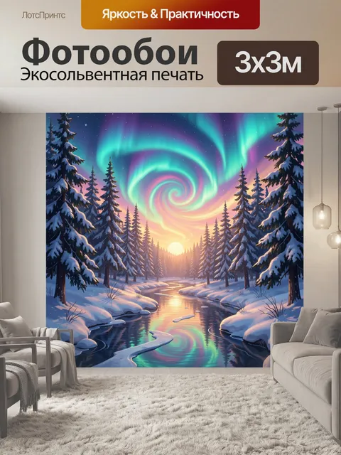 Фотообои Северное сияние над зимним лесом