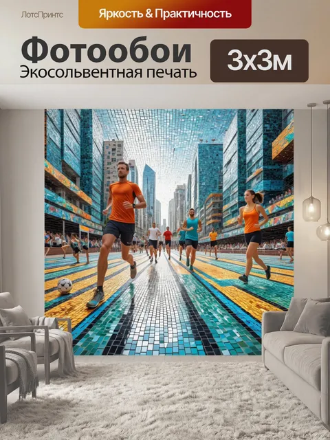 Фотообои город в стиле мозаика с динамичными сценами спорта и здоровья на открытом воздухе