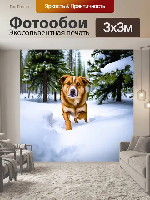 Фотообои собака в зимнем лесу, играющая в снежных сугробах, вокруг сосны и снежные шапки на ветвях