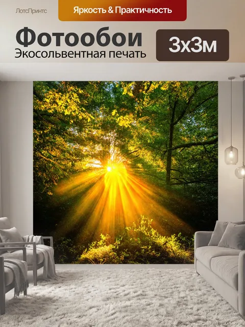 Фотообои лучи счастья: желтые лучи солнца пробиваются через густую листву деревьев в лесу