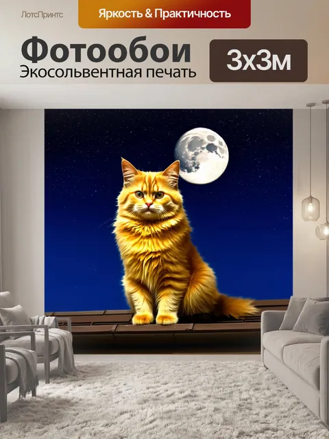 Фотообои фотография рыжей кошки на фоне звездного неба, сидящей на крыше, с луной, освещающей ее шерсть