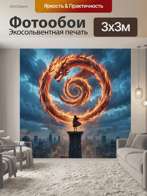 Фотообои Огненный дракон над городом