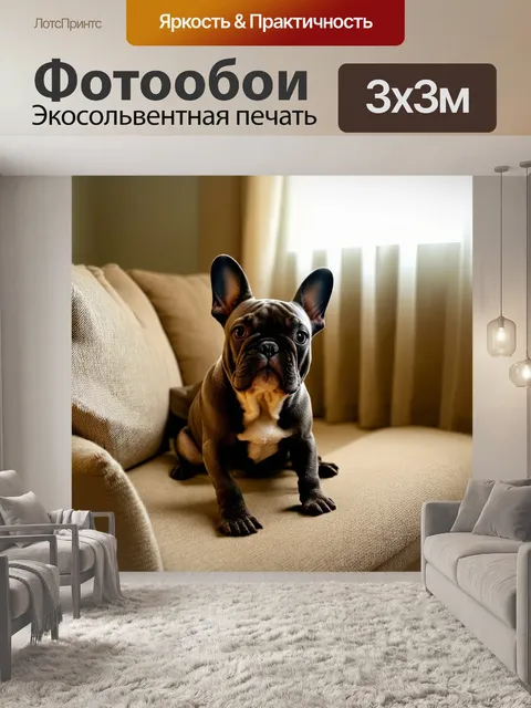 Фотообои изображение уютного домашнего уголка с французским бульдогом, уютно устроившимся на мягком диване