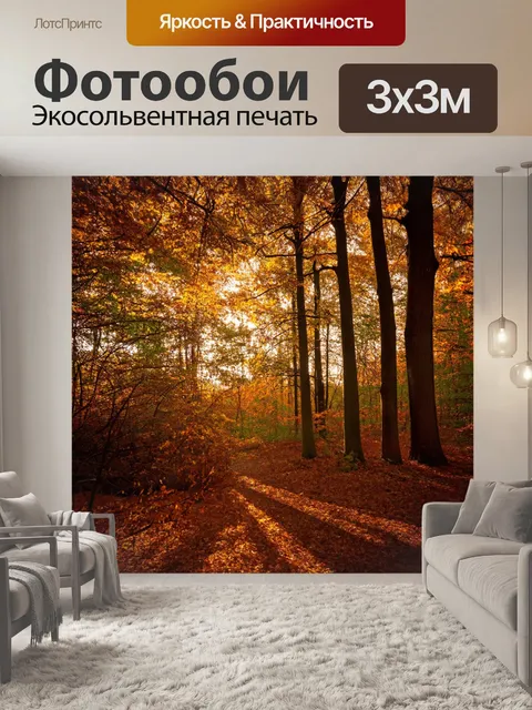 Фотообои коричневый лес в осенний вечер, листья падают с деревьев, мягкий свет солнца проникает сквозь крону