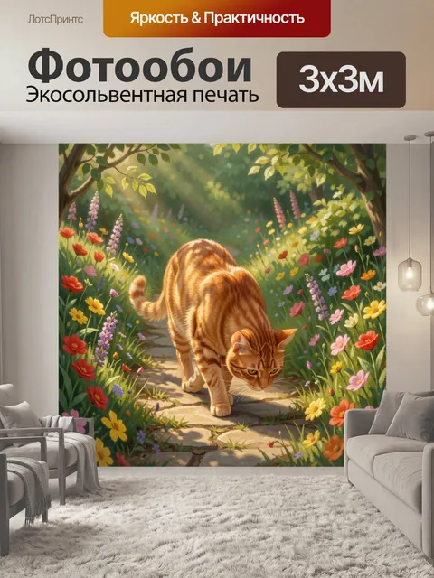 Фотообои Рыжий кот в цветущем саду