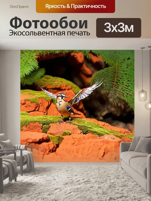 Фотообои удод, великолепно раскрывший свои крылья, стоит на оранжевых камнях вулканической природы, обрамленных…