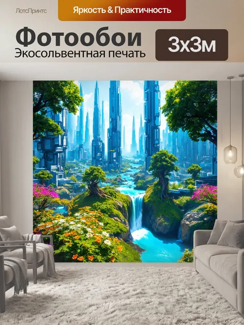 Фотообои город в стиле футуризм, где технологии интегрированы с природными элементами: водопады, деревья и цветы