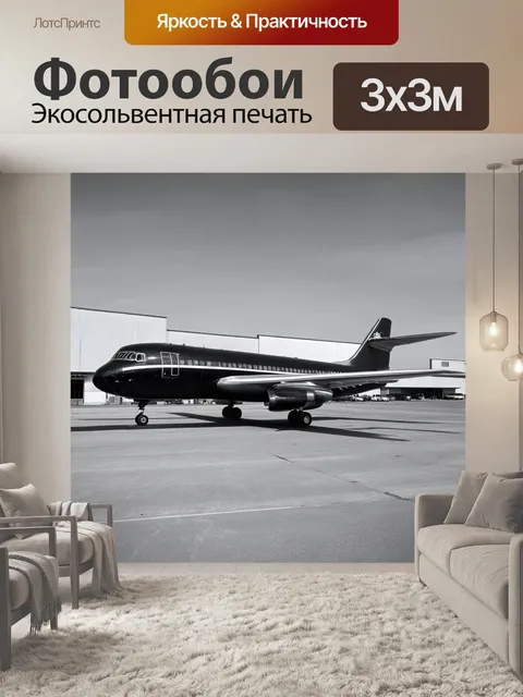 Фотообои самолет в черно-белом стиле, на фоне старого аэропорта с ретро-архитектурой