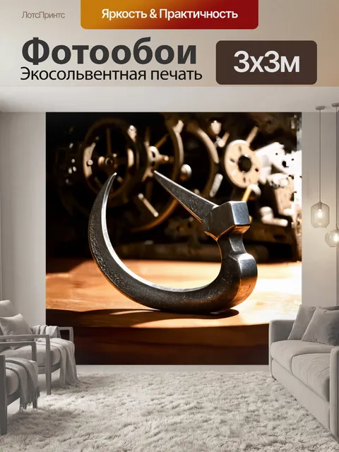 Фотообои серп и молот, выполненные в блестящей стальной фактуре, лежат на деревянном столе, окутанные легким…