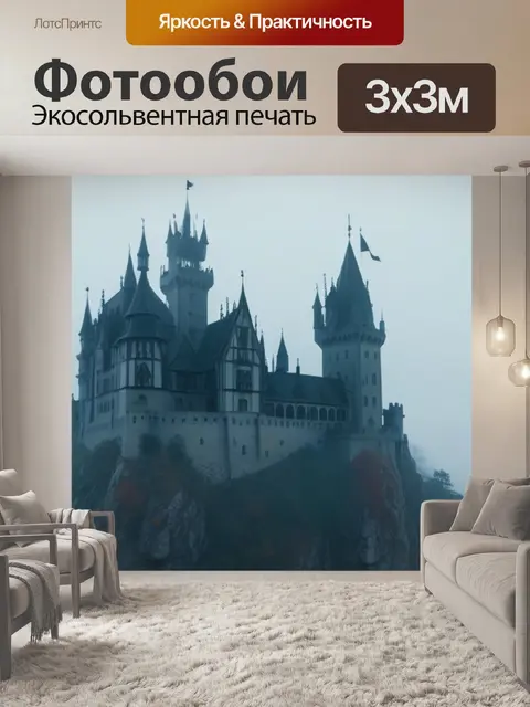 Фотообои готический замок на скале, окруженный туманом