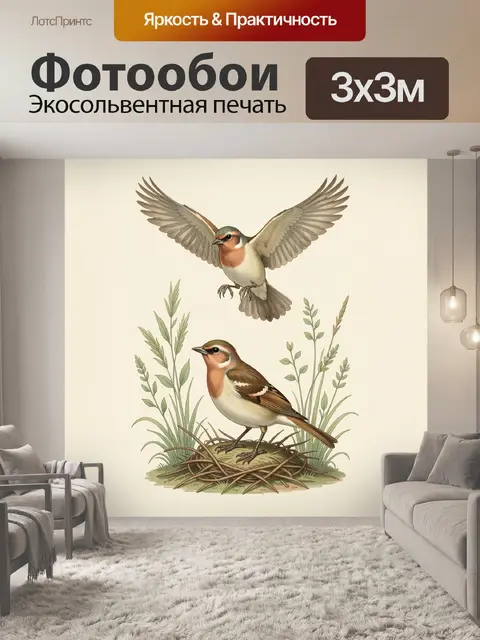 Фотообои Две певчие птицы в траве