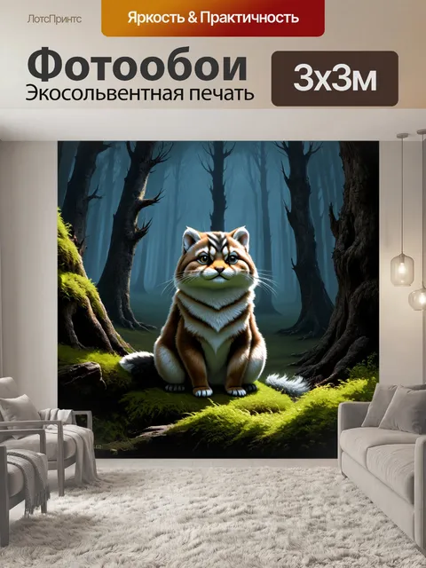 Фотообои в таинственном лесу, где царит полумрак, манул притаился, наблюдая за окружающей природой