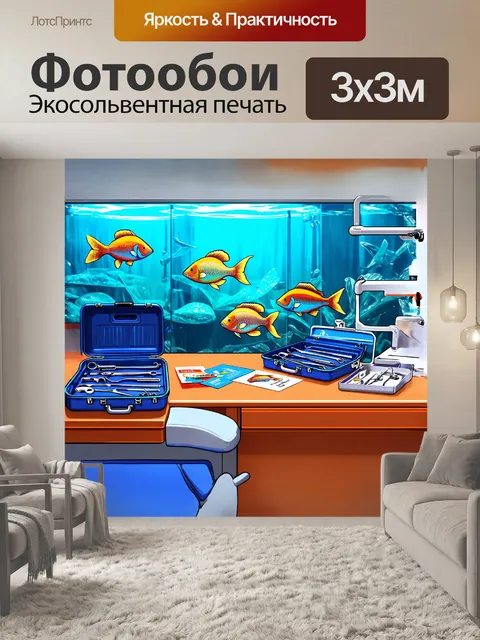 Фотообои внутри кабинета дантиста расположен аквариум с яркими рыбками, каждая из которых символизирует здоровье