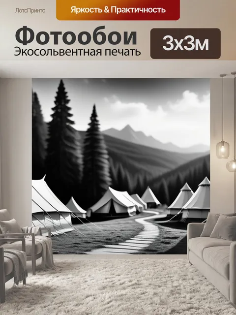 Фотообои пейзаж с палатками чернобелый
