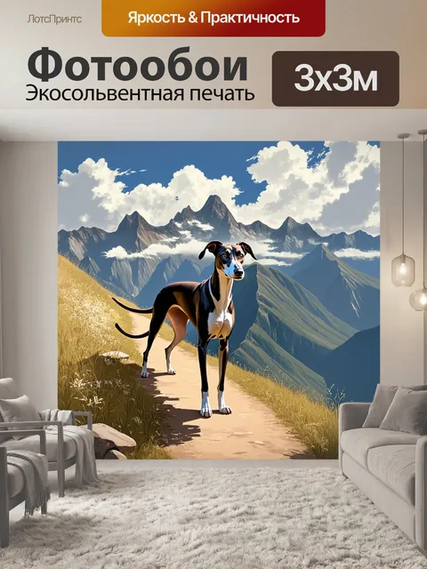 Фотообои борзая, мудро стоящая на обочине горной тропы, где открываются прекрасные виды, а облака нежно окутывают…
