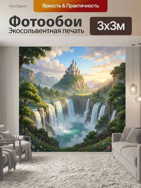 Фотообои Сказочный замок над водопадами