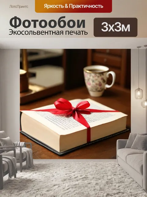 Фотообои подарок в виде книги на столе с чашкой чая