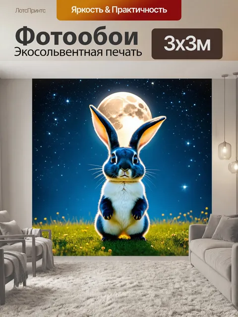 Фотообои зайчик, стоящий на задних лапках и рассматривающий звёздное небо, с восходящей луной и искрящимися звёздами