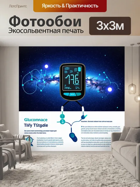 Фотообои инфографика, где глюкометр визуализирован на фоне цифровой сети, млечный путь и космос выполнены в виде данных