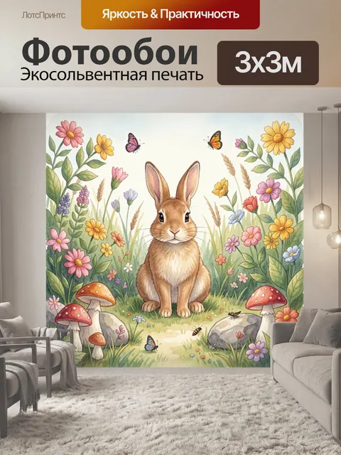 Фотообои Кролик в саду с цветами