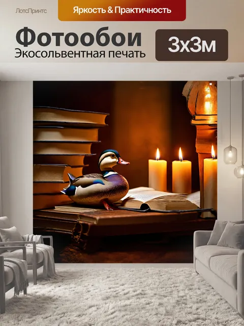 Фотообои утка, лежащая на столе среди старинных книг и свечей, излучает уют и тепло