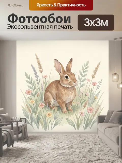 Фотообои Зайчик среди луговых цветов