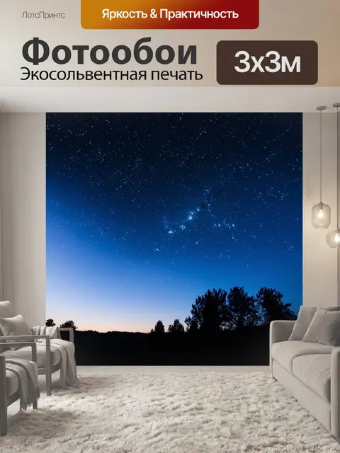 Фотообои ночное звездное небо, перекинутое яркими созвездиями, с силуэтом деревьев на переднем плане