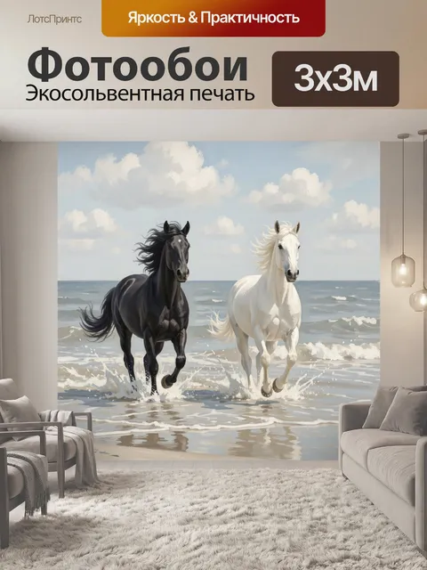 Фотообои Черный и белый конь у моря