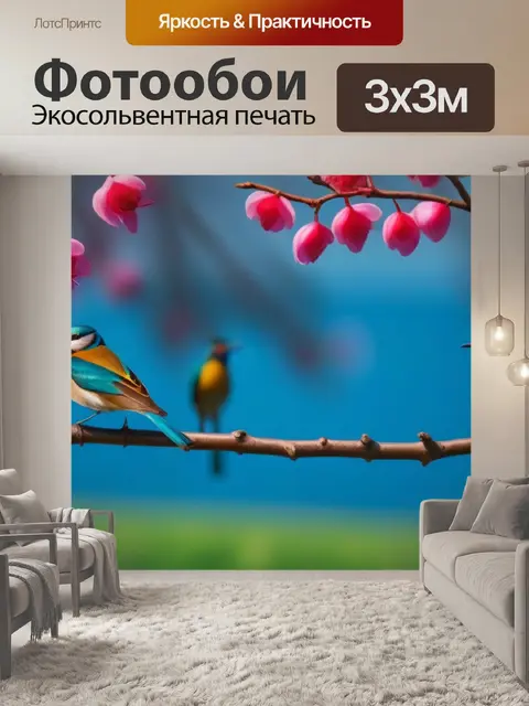 Фотообои тюльпаны с птичками на ветках