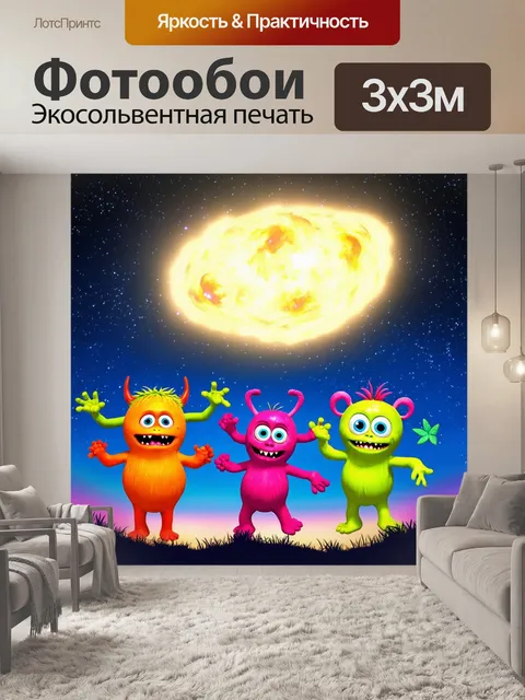 Фотообои ночь в стиле мультяшный, забавные монстры, танцующие под звездным небом