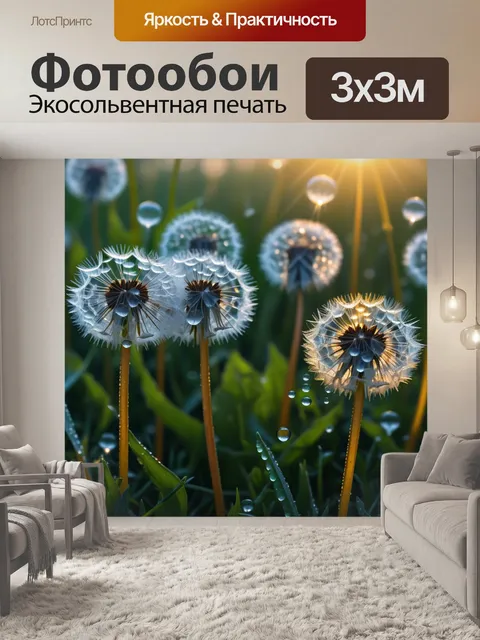 Фотообои одуванчики на рассвете с каплями росы