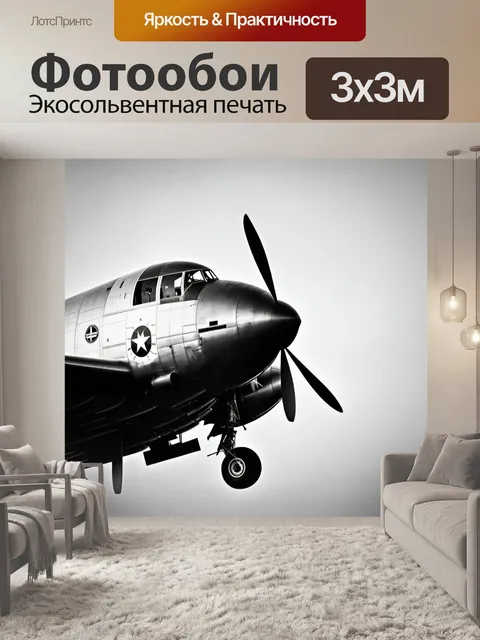 Фотообои самолет в черно-белом стиле, с видимыми механическими частями, напоминая о старых временах