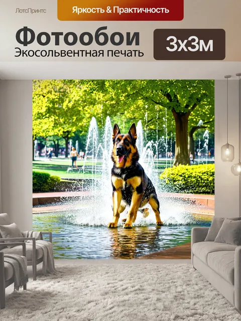 Фотообои в старом городском парке с красивыми деревьями, овчарка играет возле фонтанов, создавая водяные брызги
