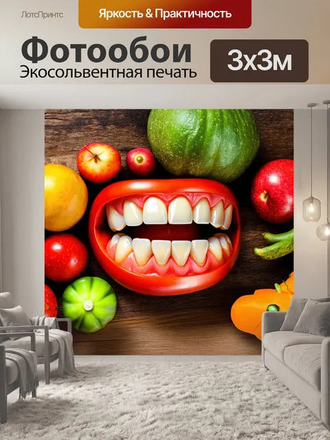 Фотообои улыбающиеся зубы, выполненные из фруктов и овощей, на фоне деревенского стола, уютная натюрмортная…