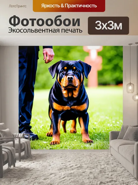 Фотообои ротвейлер, защищающий своего хозяина, с серьезным выражением на лице
