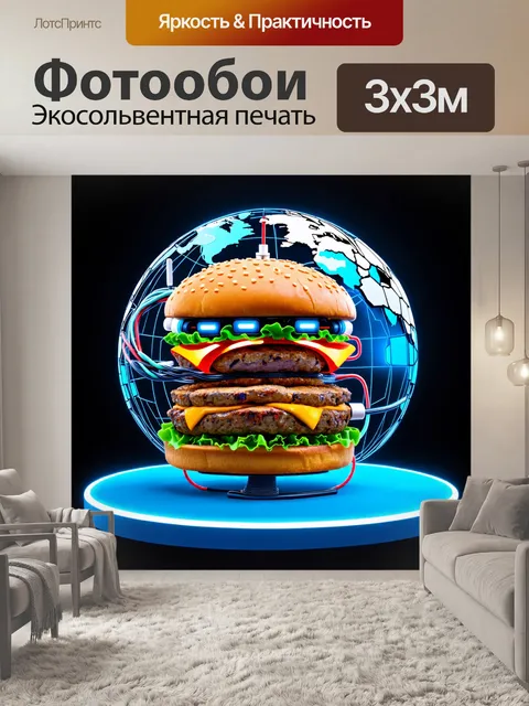 Фотообои гамбургер-робот, состоящий из механических деталей, проводов и светодиодов, высокотехнологичный мир вокруг