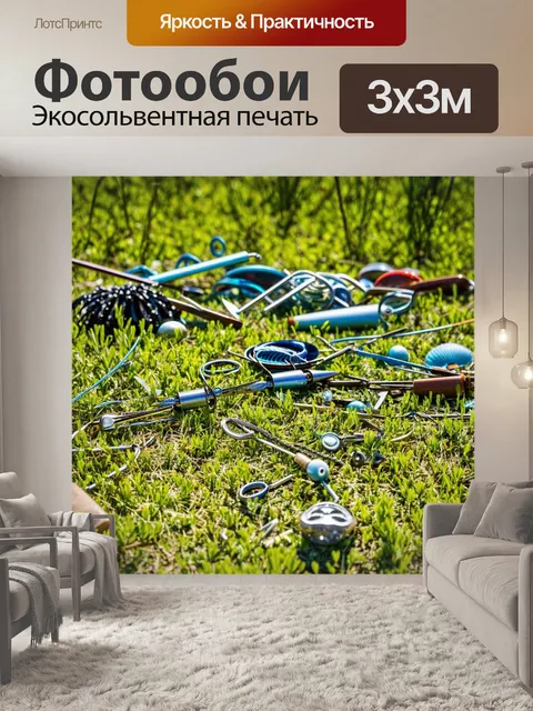 Фотообои осколки рыболовных снастей, разбросанные по полю, с нежными растениями вокруг, создающими картину контраста