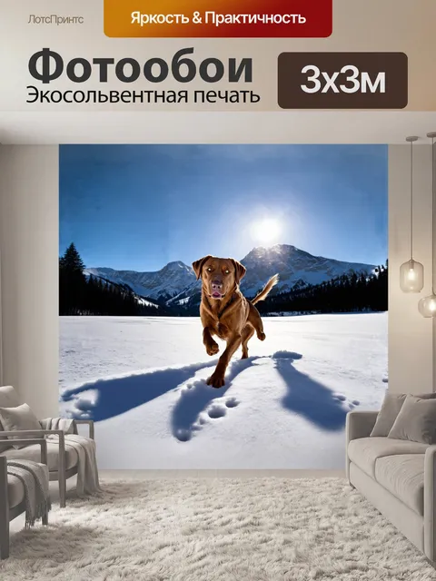 Фотообои лабрадор, выполняющий грациозный выпад на фоне заснеженных гор